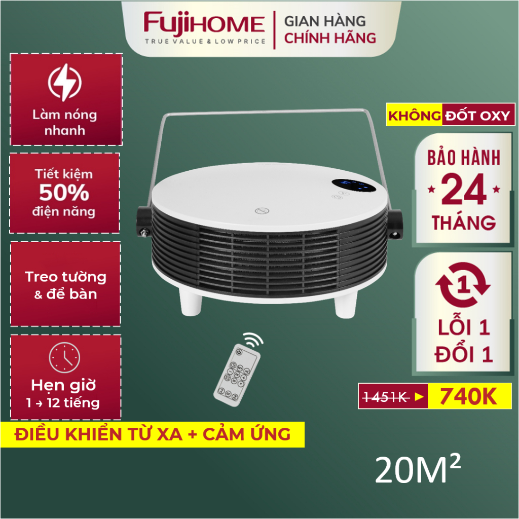 Máy sưởi gốm treo nhà tắm Nhập Khẩu FUJIHOME FHB5000 không khô da điều khiển từ xa, quạt sưởi ấm phòng treo tường cho bé