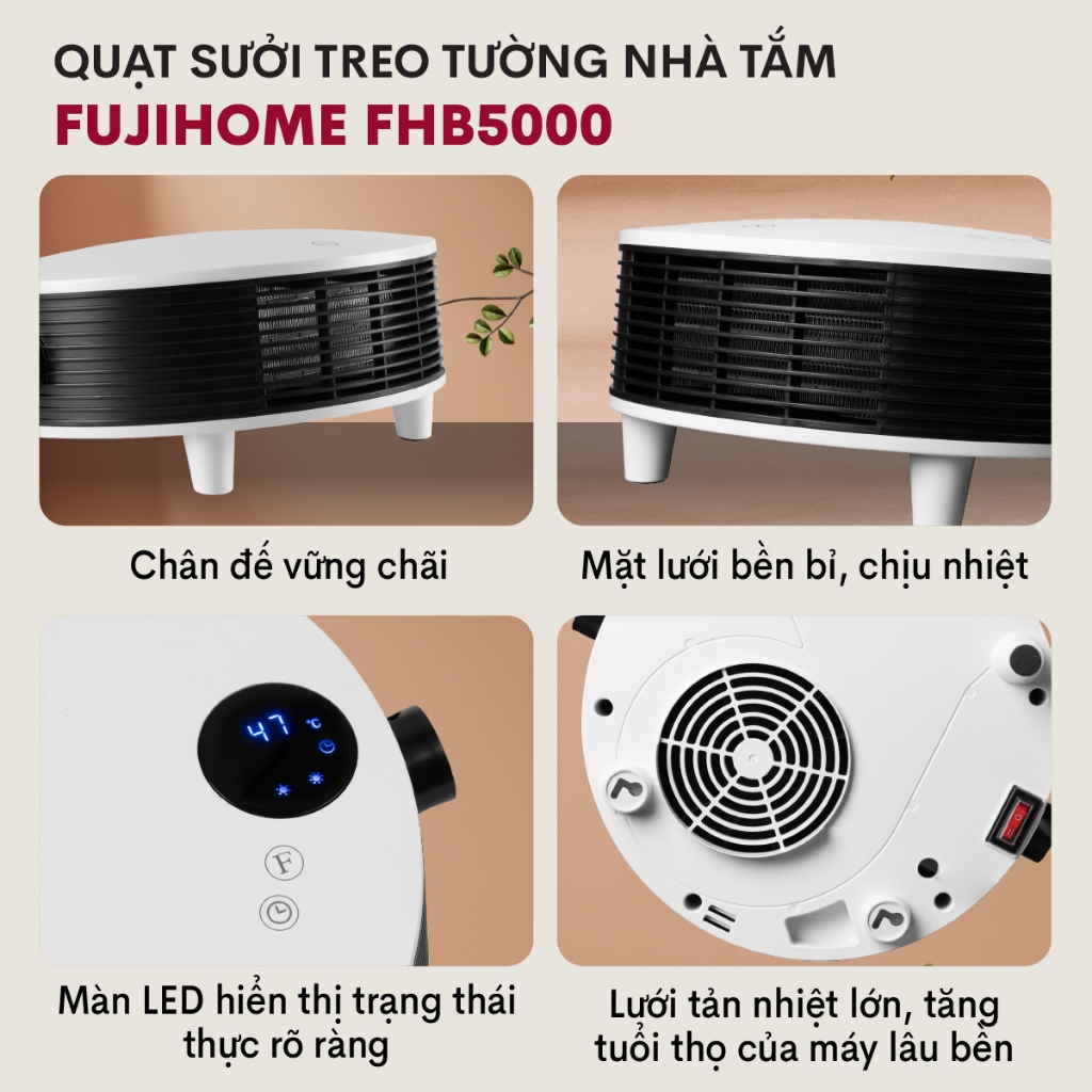 Máy sưởi gốm treo nhà tắm Nhập Khẩu FUJIHOME FHB5000 không khô da điều khiển từ xa, quạt sưởi ấm phòng treo tường cho bé