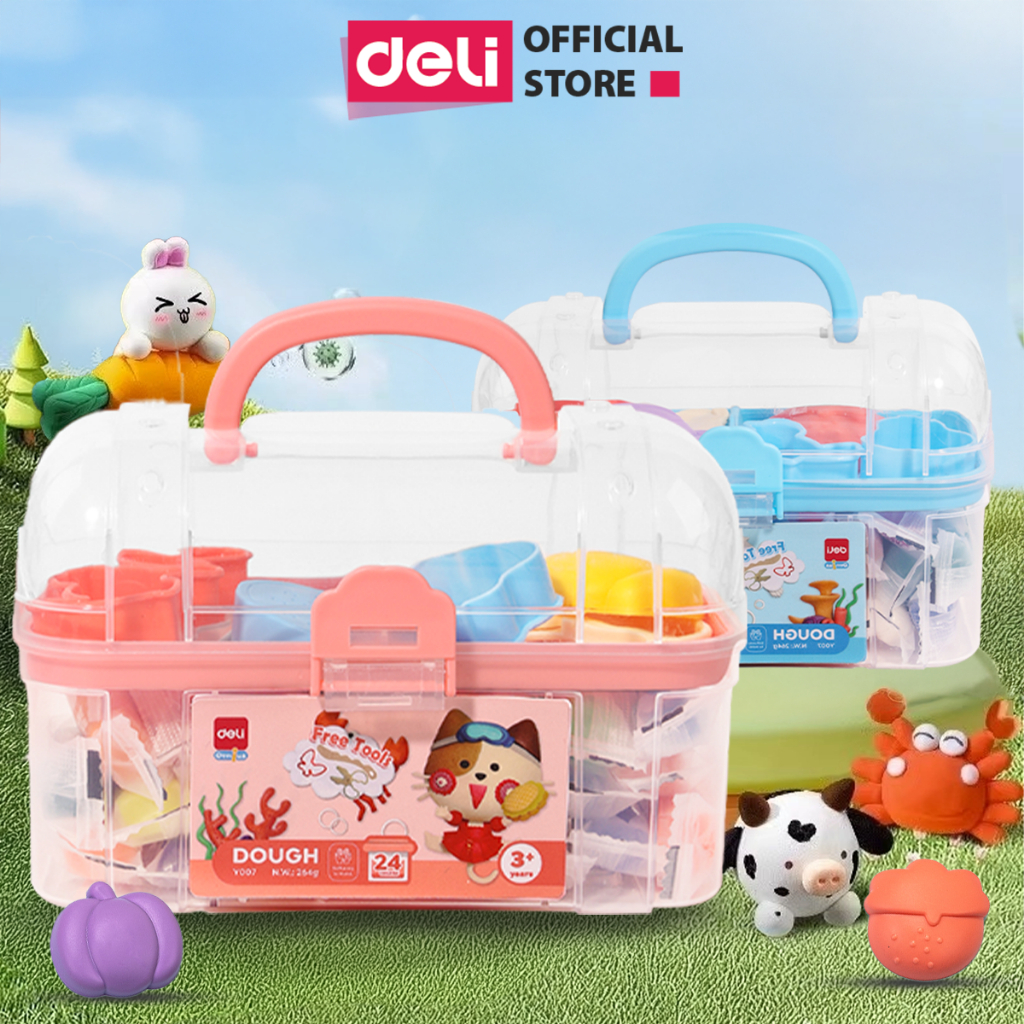 Bộ Đất Nặn Kháng Khuẩn 3D Deli Đất Sét Nặn 24 Màu Chất liệu an toàn cho trẻ nhỏ, màu sắc tươi sáng đa dạng, kèm khuôn