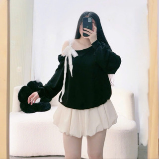 Set Áo Váy Bigsize Áo Sweater Trễ Vai Buộc Nơ Kèm Chân Váy Bí Cho Chubby Mặc Tết Noel SET931