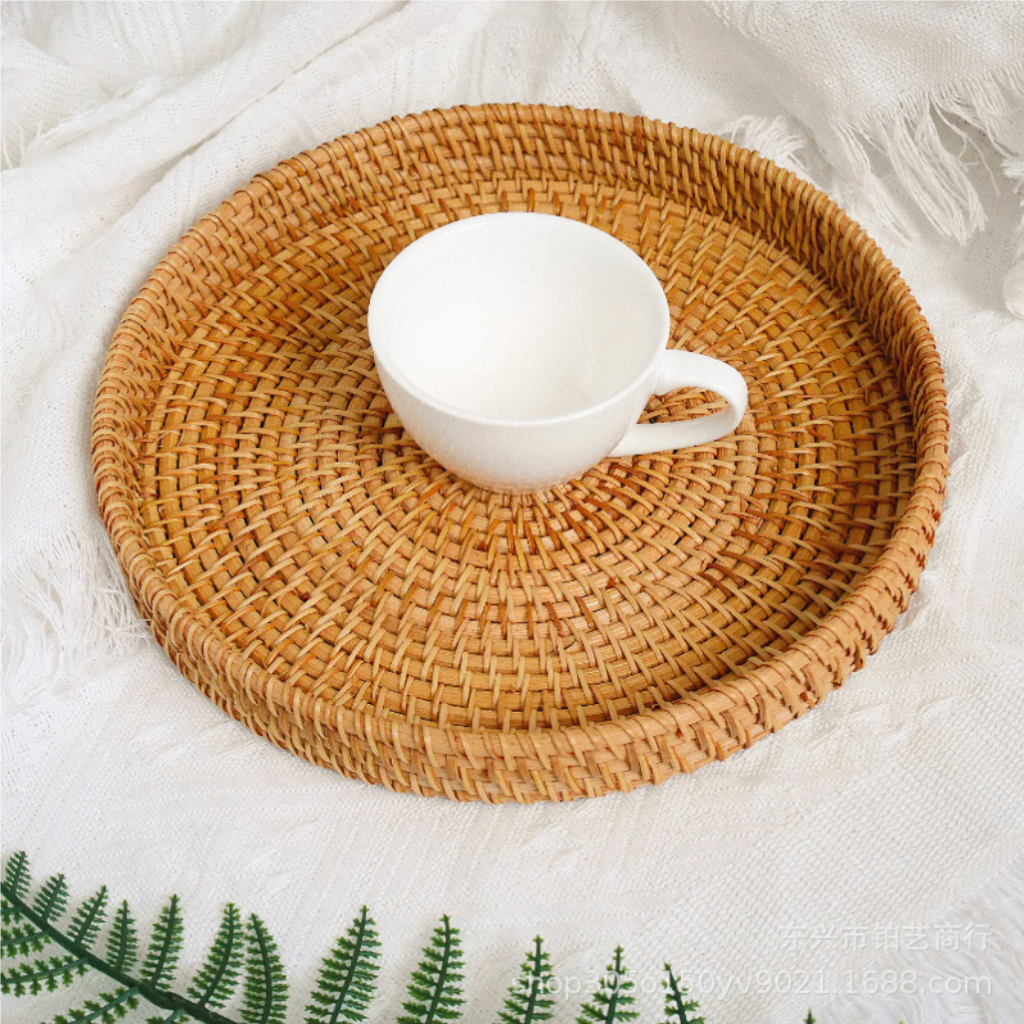 Khay Mây Tre Đan HìnhTròn Cao 3cm, Khay Để Đồ Ăn Uống, Đồ Decor Trong Nhà Hàng, Khách Sạn, Tiệm Trà