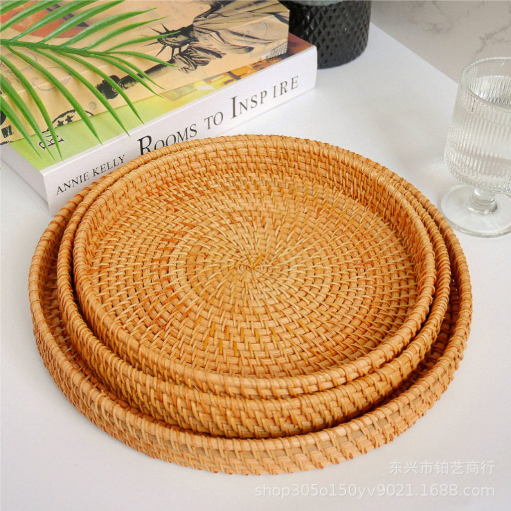 Khay Mây Tre Đan HìnhTròn Cao 3cm, Khay Để Đồ Ăn Uống, Đồ Decor Trong Nhà Hàng, Khách Sạn, Tiệm Trà