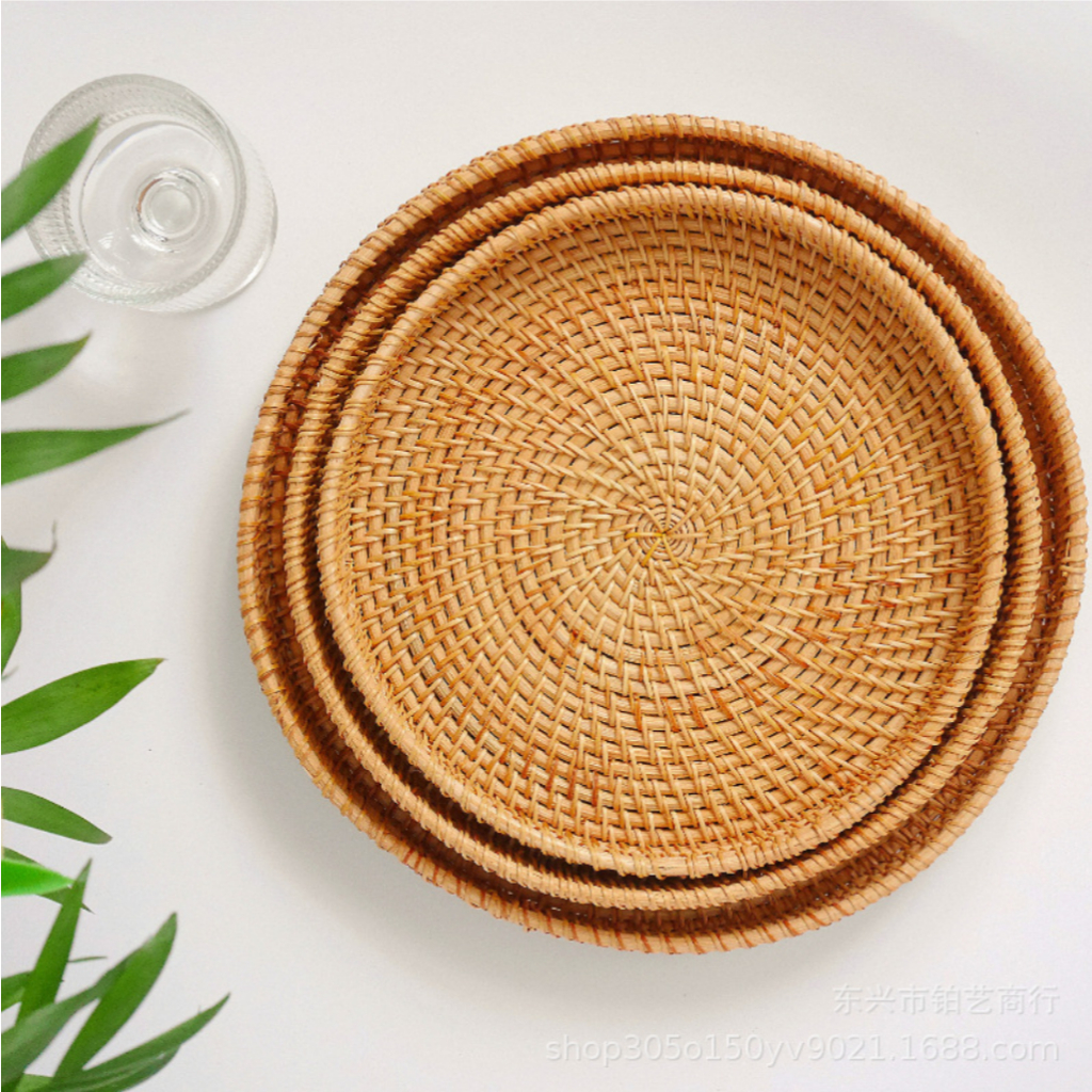 Khay Mây Tre Đan HìnhTròn Cao 3cm, Khay Để Đồ Ăn Uống, Đồ Decor Trong Nhà Hàng, Khách Sạn, Tiệm Trà