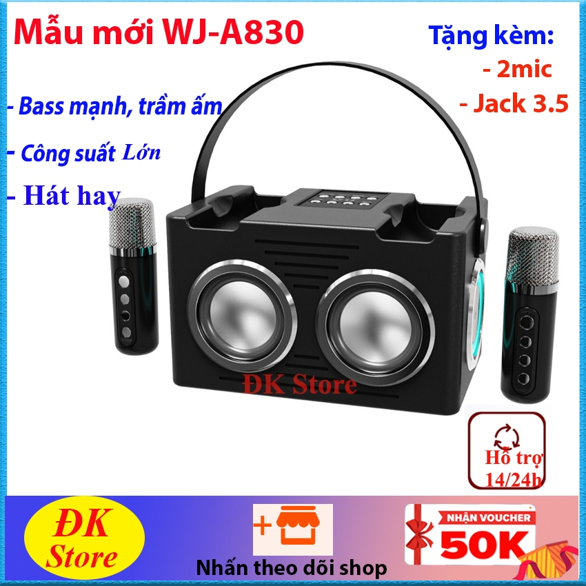 Mẫu mới Loa Bluetooth karaoke A830 bass mạnh âm trầm ấm, hỗ trợ kết nối USB TF AUX, tặng kèm 2 micro
