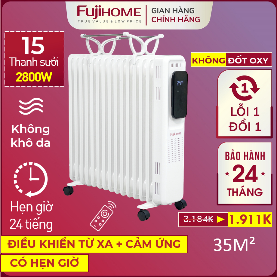 Máy sưởi dầu 15 thanh Nhập Khẩu không khô da FUJIHOME, lò sưởi điện phòng ấm ko đốt oxy an toàn cho trẻ em bé