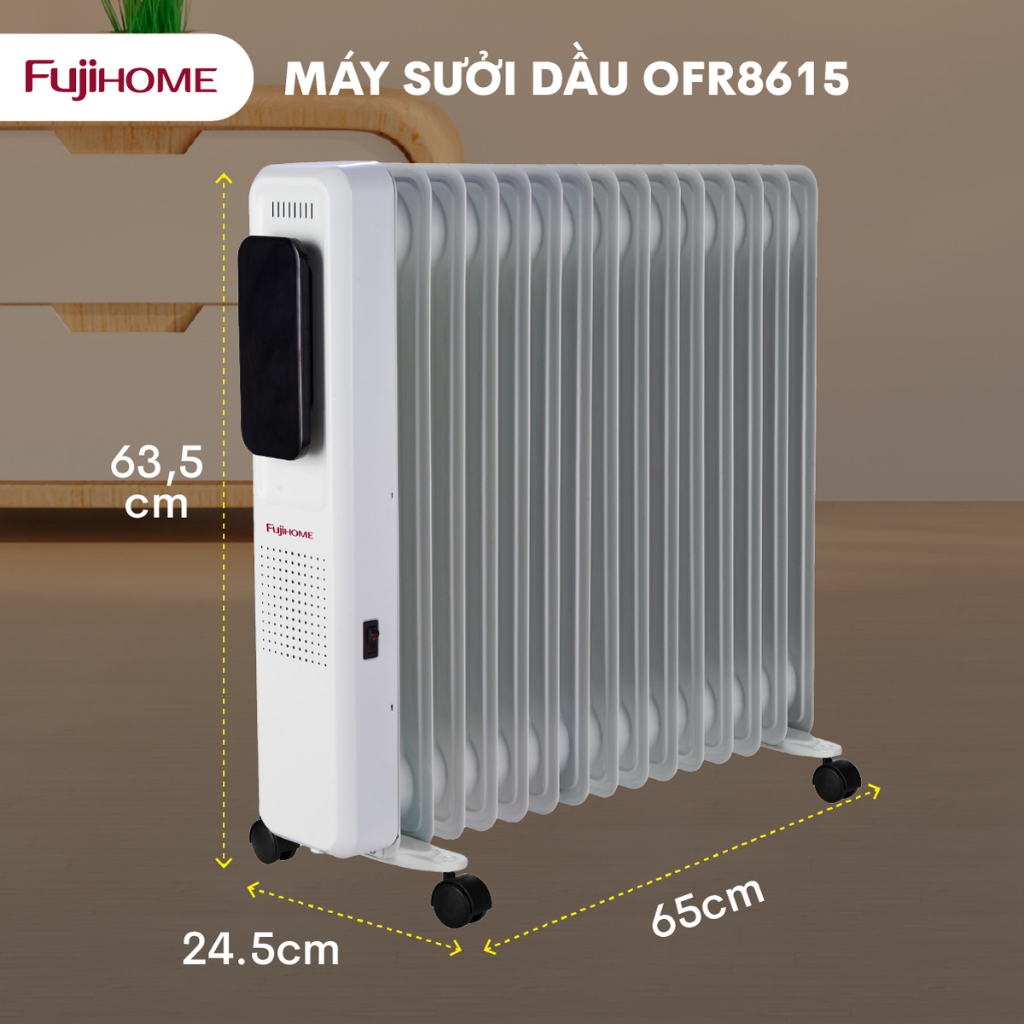 Máy sưởi dầu 15 thanh Nhập Khẩu không khô da FUJIHOME, lò sưởi điện phòng ấm ko đốt oxy an toàn cho trẻ em bé