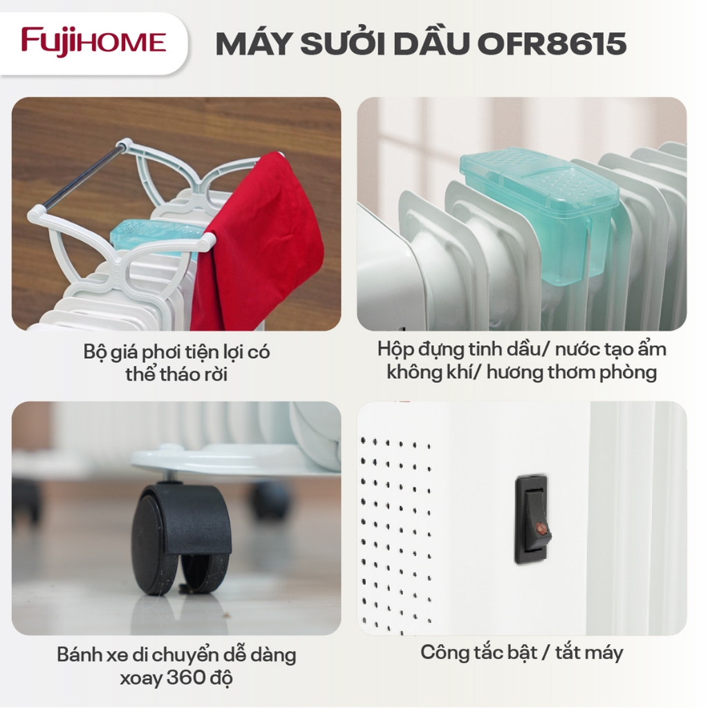 Máy sưởi dầu 15 thanh Nhập Khẩu không khô da FUJIHOME, lò sưởi điện phòng ấm ko đốt oxy an toàn cho trẻ em bé