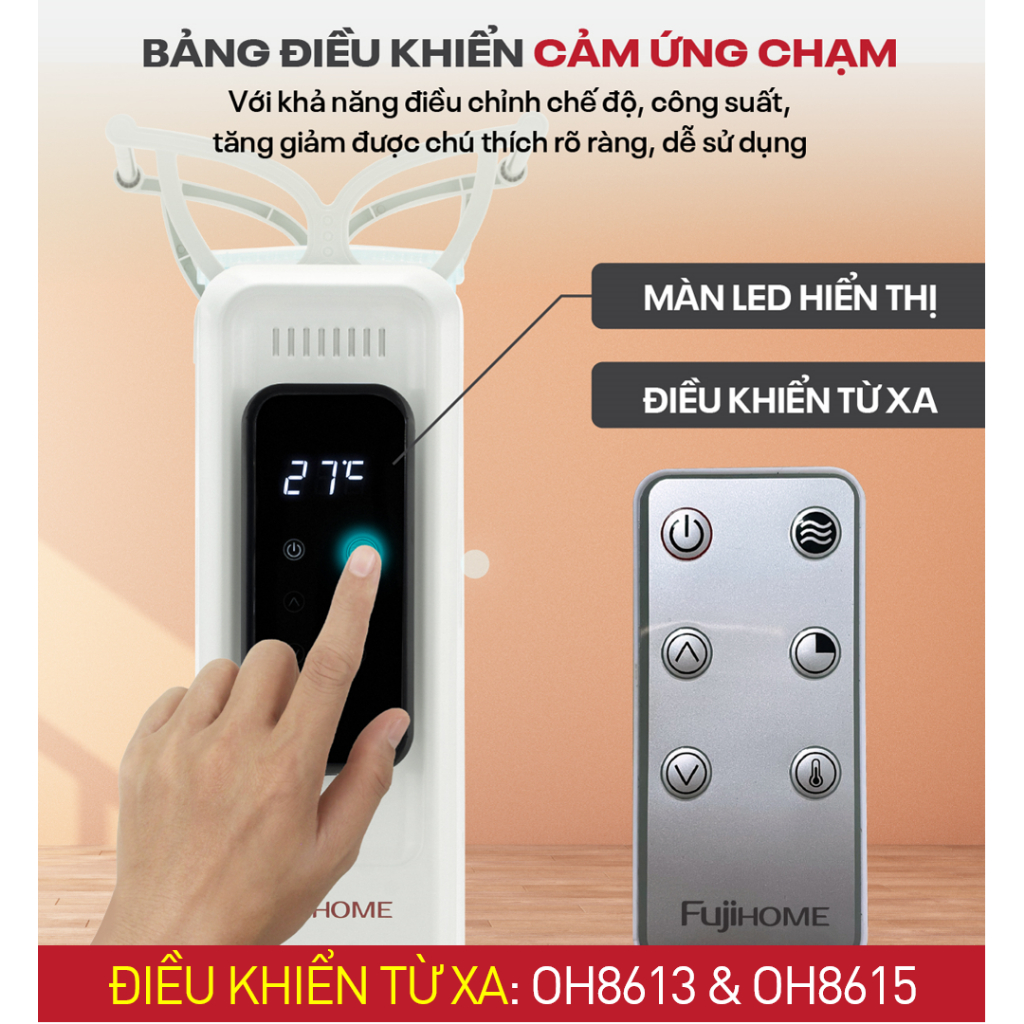 Máy sưởi dầu 15 thanh Nhập Khẩu không khô da FUJIHOME, lò sưởi điện phòng ấm ko đốt oxy an toàn cho trẻ em bé