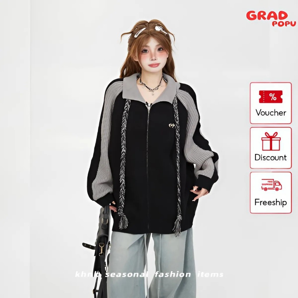 Áo khoác len nữ có mũ GRADPOPU PAK24 dáng rộng thiết kế tay Raglan độc đáo chất dệt kim mềm mại