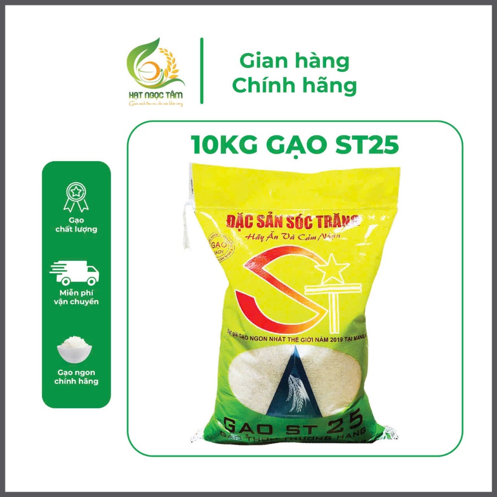 10Kg Gạo ST25 Túi Xanh Dẻo Nhiều Mềm Thơm Ngọt Cơm , gạo đóng bao 10kg