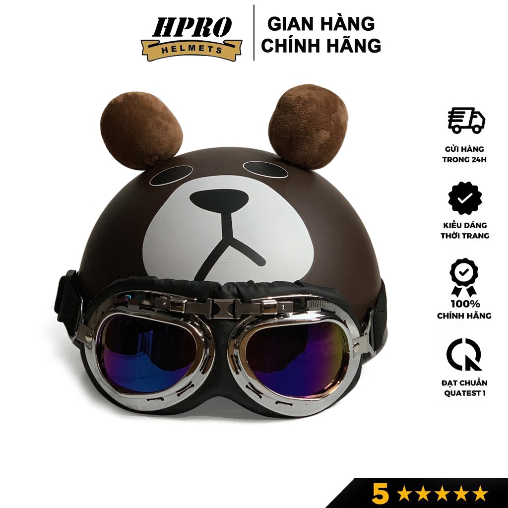 Ảnh Mũ bảo hiểm nửa đầu họa tiết gấu có tai cá tính Sundy Helmet Freeside ( 54-58cm) kèm kính Phi Công UV 3