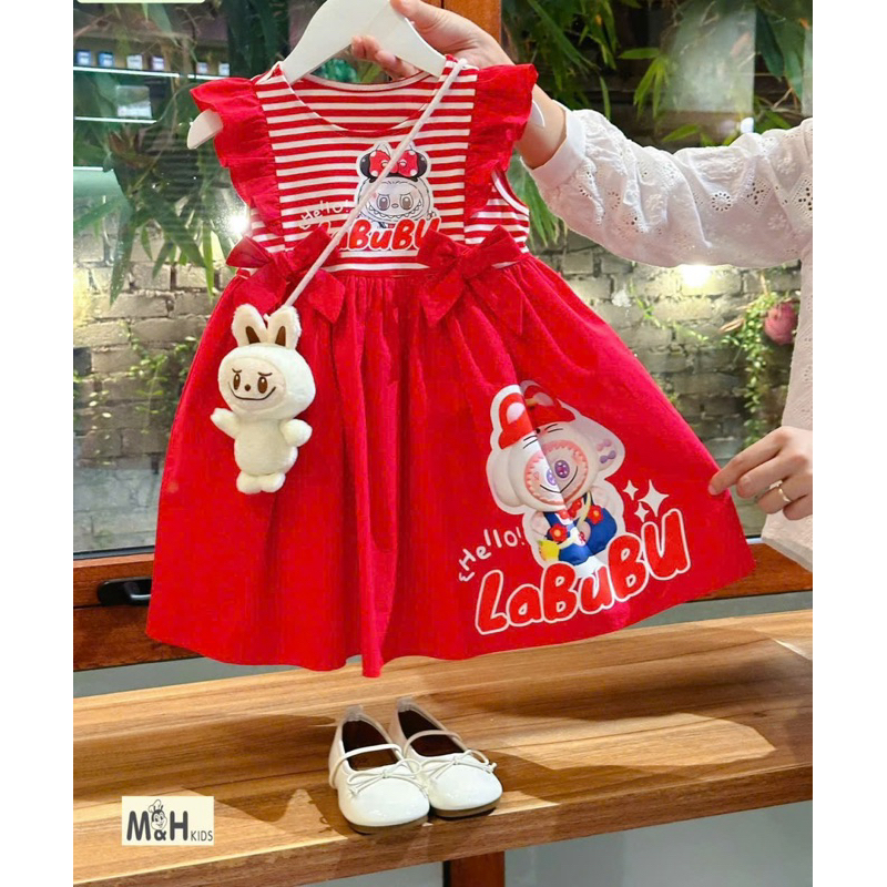 Váy bé gái kẻ cotton bèo nơ in hình baby three DL53 size 8/36kg - Váy Cho Bé Diệu Linh Shop Kids diện đi học đi chơiKids