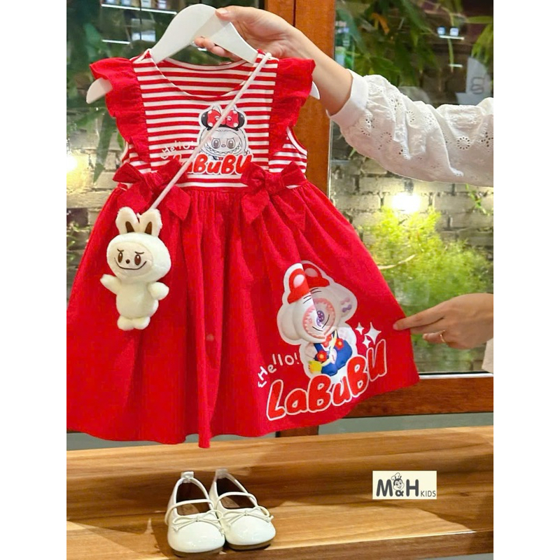 Váy bé gái kẻ cotton bèo nơ in hình baby three DL53 size 8/36kg - Váy Cho Bé Diệu Linh Shop Kids diện đi học đi chơiKids