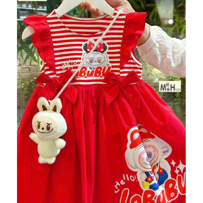Váy bé gái kẻ cotton bèo nơ in hình baby three DL53 size 8/36kg - Váy Cho Bé Diệu Linh Shop Kids diện đi học đi chơiKids