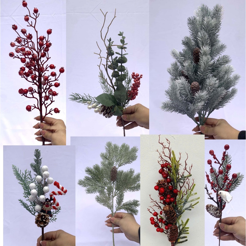 Nhiều mẫu Cành thông tuyết gắn quả đỏ , cành thông tổ chim trang trí Giáng sinh