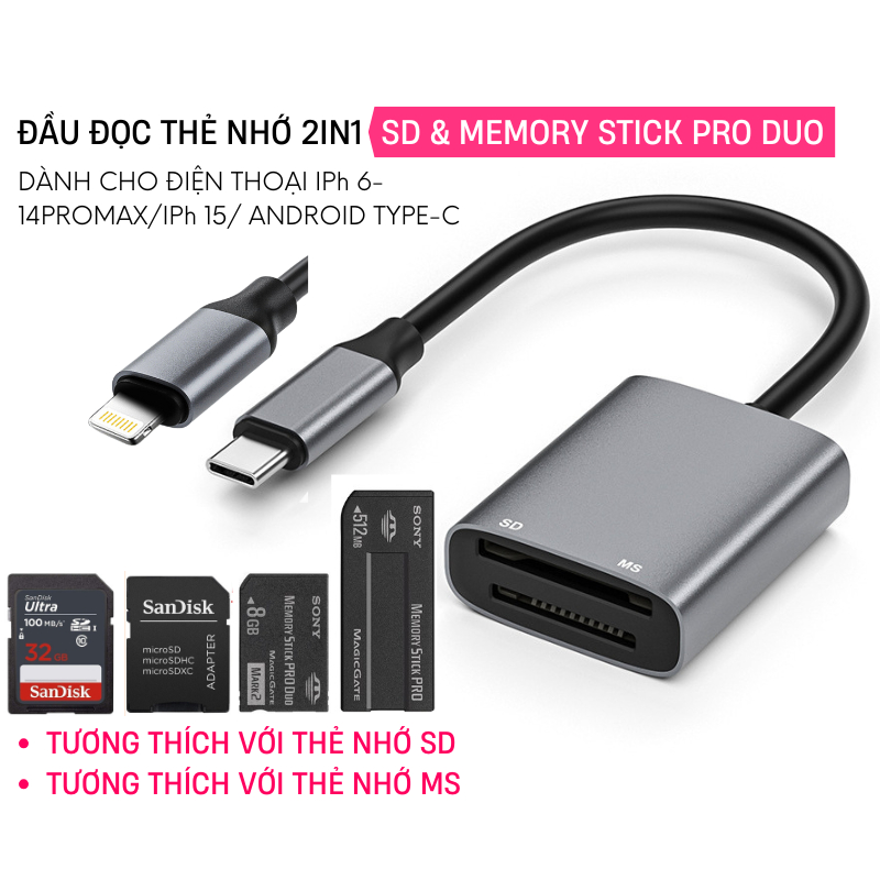 Đầu đọc thẻ nhớ 2in1 SD MS Memory stick pro duo dành cho điện thoại IPh ...