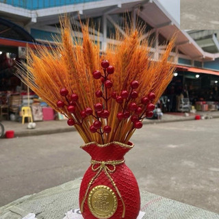 Lọ bình Hoa Hình Túi Tiền Vàng độc đáo sáng tạo trang trí nhà cửa kèm đào đông và lúa