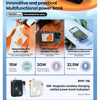 Pin Dự Phòng không dây Remax RPP-116 10000mAh sạc Wireless 15W / TypeC & LaiNing in 18W, out 20W, có phích cắm sạc