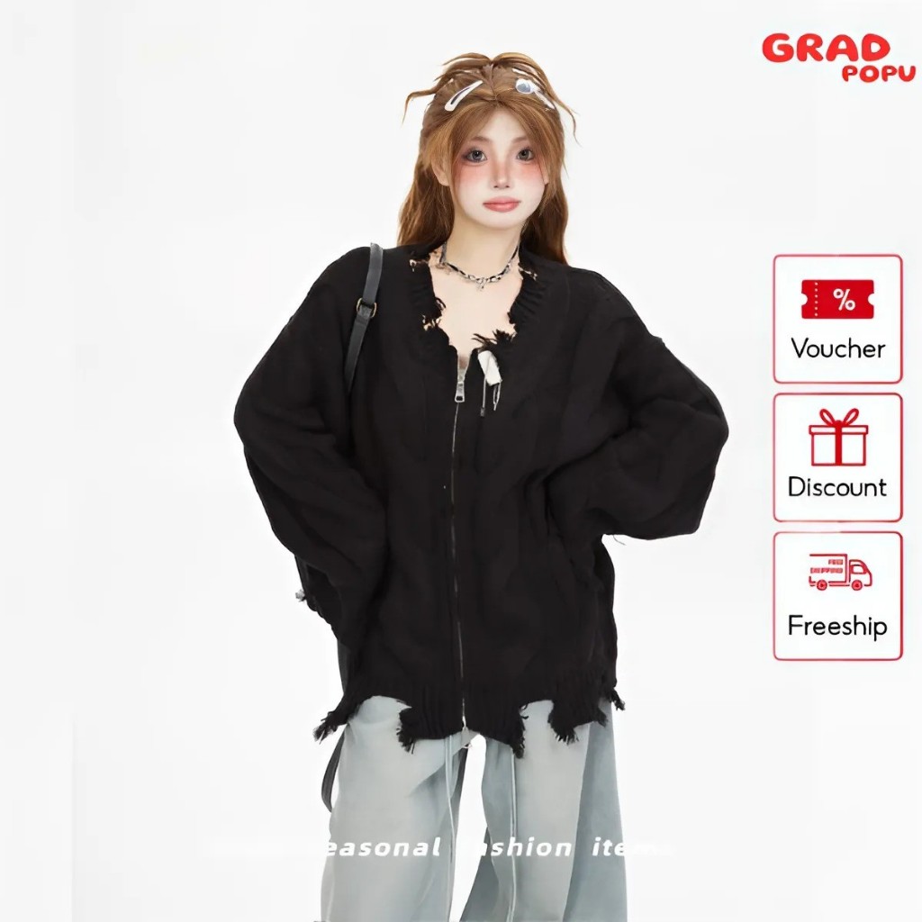 Áo khoác len nữ cardigan GRADPOPU PAK59 thiết kế rách tua rua phong cách Retro đường phố chất len mềm mại