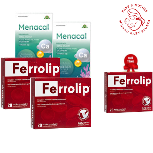 Sắt Sinh Học Ferrolip - Canxi EU tảo biển Menacal combo 4 hộp (2 hộp sắt - 2 hộp canxi) - tặng 1 hộp của tích điểm 4 hộp
