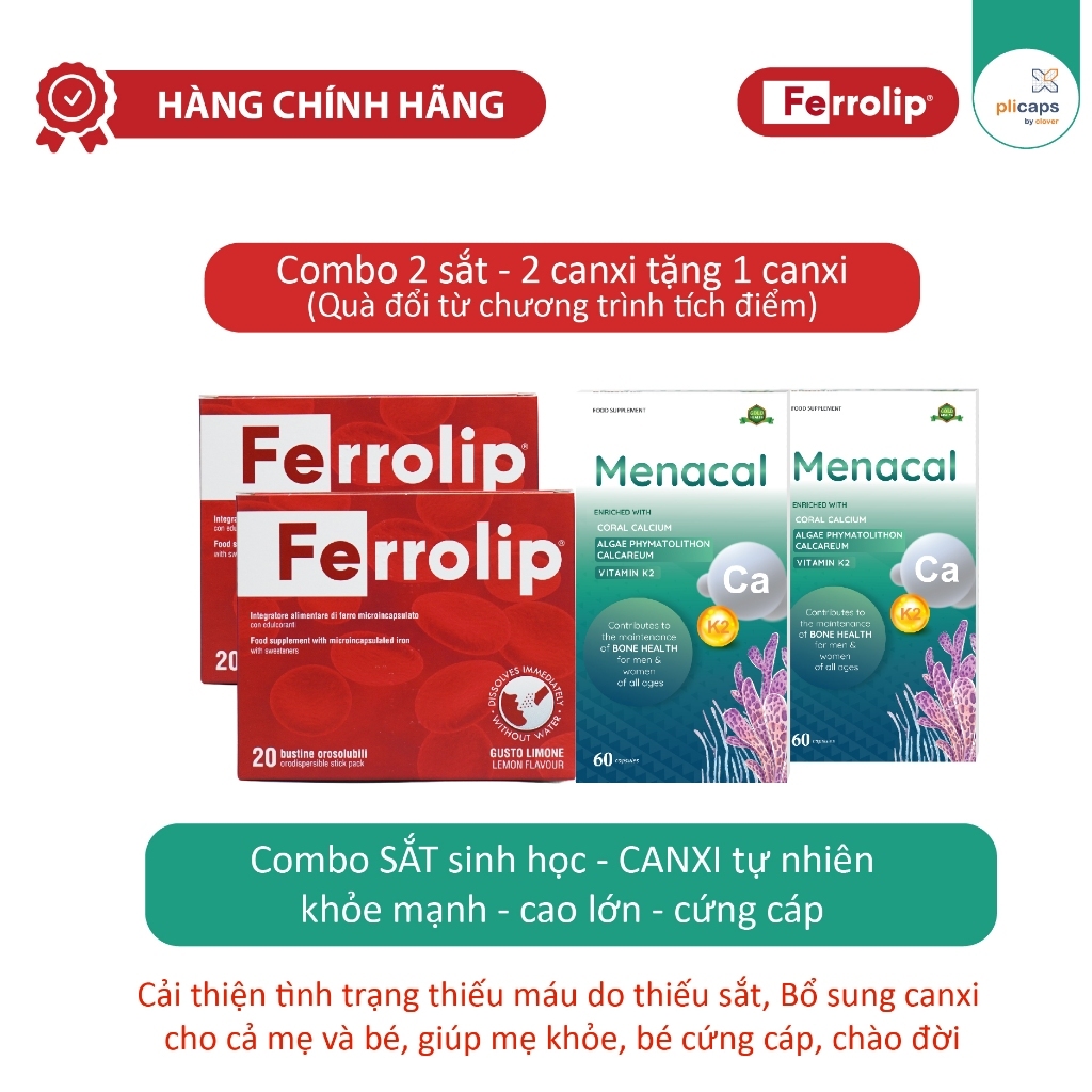 Sắt Sinh Học Ferrolip - Canxi EU tảo biển Menacal combo 4 hộp (2 hộp sắt - 2 hộp canxi) - tặng 1 hộp của tích điểm 4 hộp