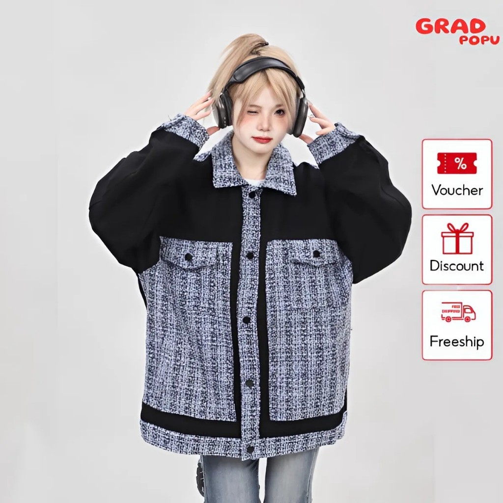 Áo khoác dạ nữ hàn quốc GRADPOPU PAK58 thiết kế cổ bẻ phối 2 màu mới mẻ khoác ngoài thu đông