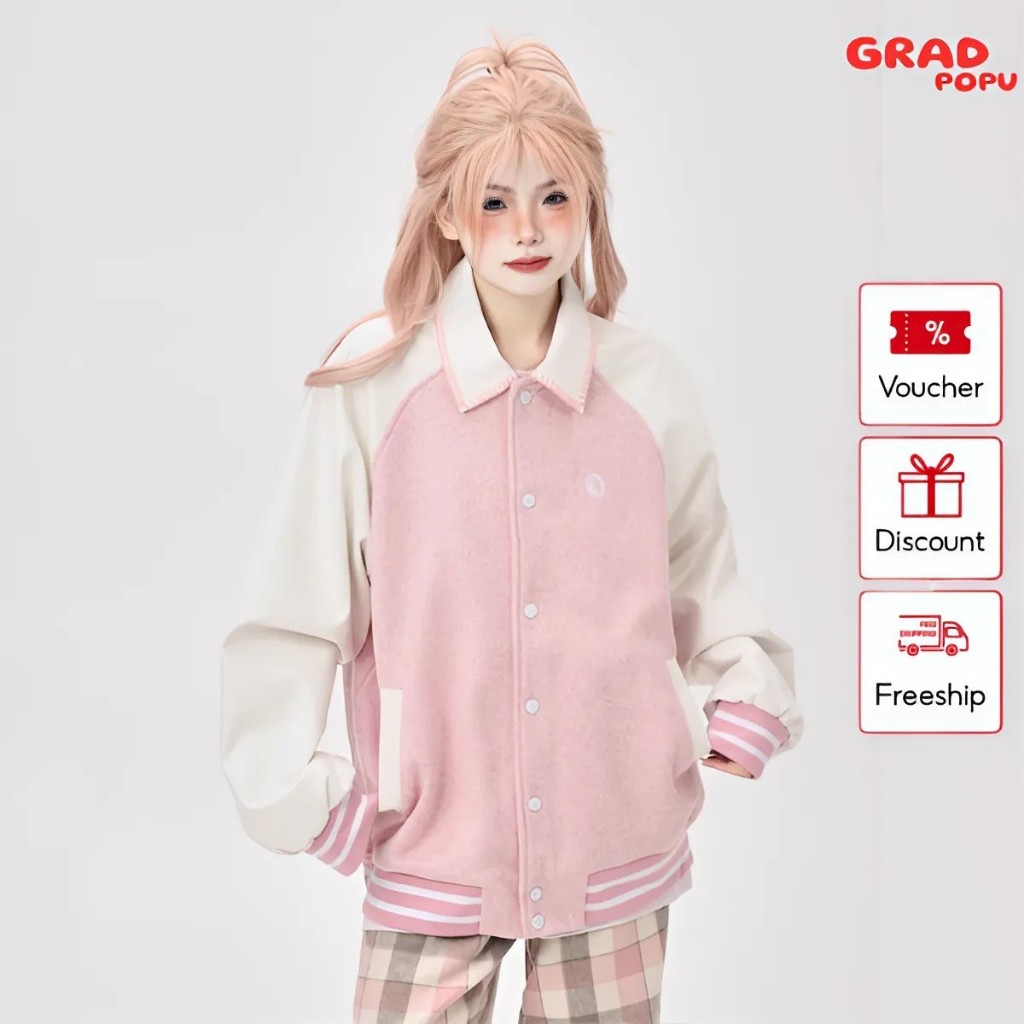 Áo khoác bóng chày nữ GRADPOPU PAK57 thiết kế cổ bẻ kẻ sọc phối màu siêu đẹp chất nỉ dày dặn ấm áp