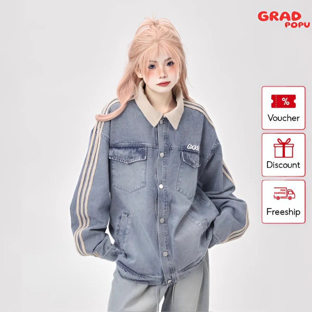 Áo khoác jean nữ GRADPOPU PAK53 nhuộm màu độc đáo thiết kế sọc tay nổi bật khoác ngoài xuân thu