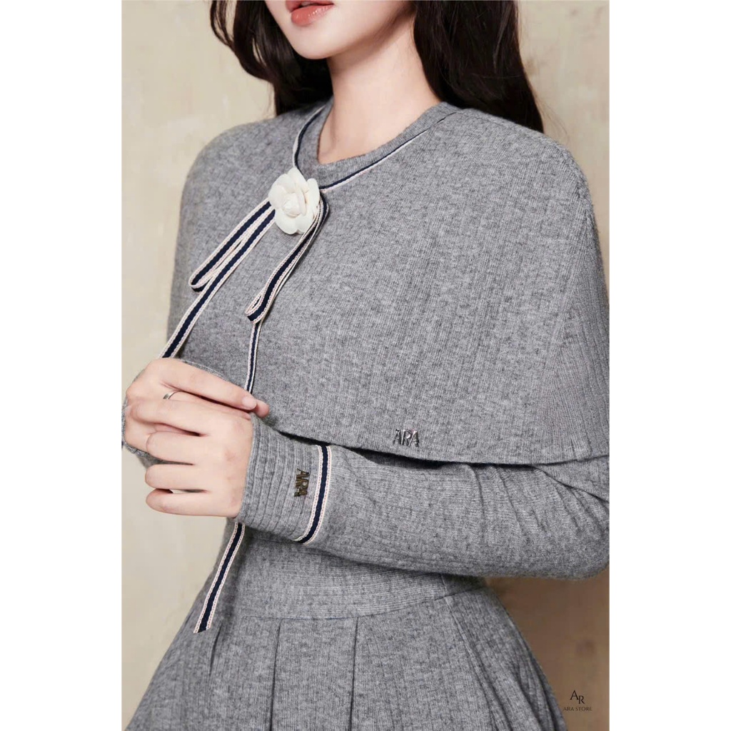 Set bộ đồ áo len phối choàng đính nơ ngực phối chân váy xếp ly, set bộ đồ nữ áo tay dài ôm dáng phối chân váy viền bèo