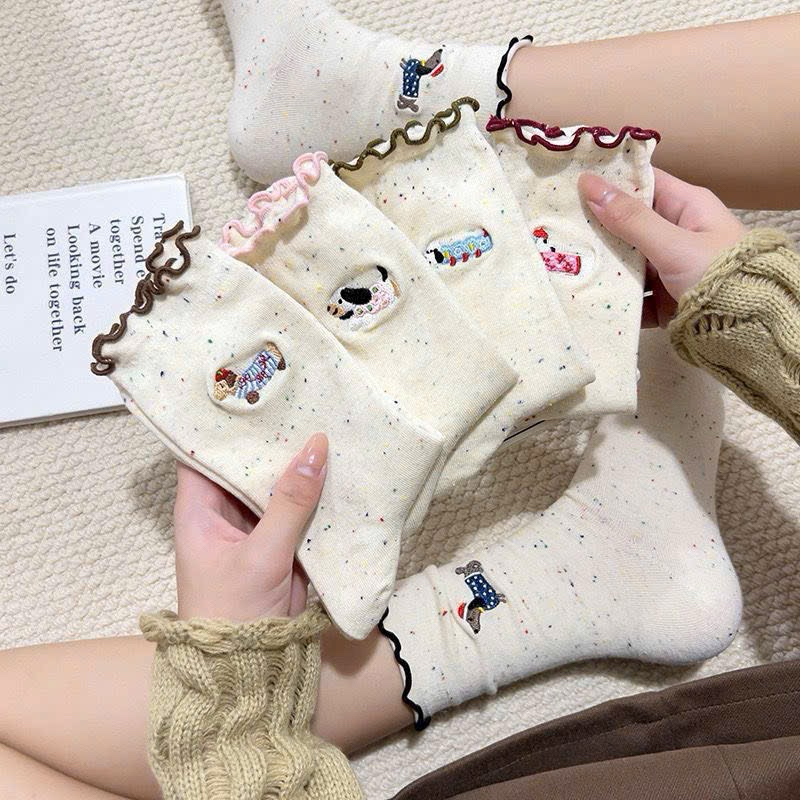 Túi 10 đôi tất chấm bi cổ bèo hình cún con