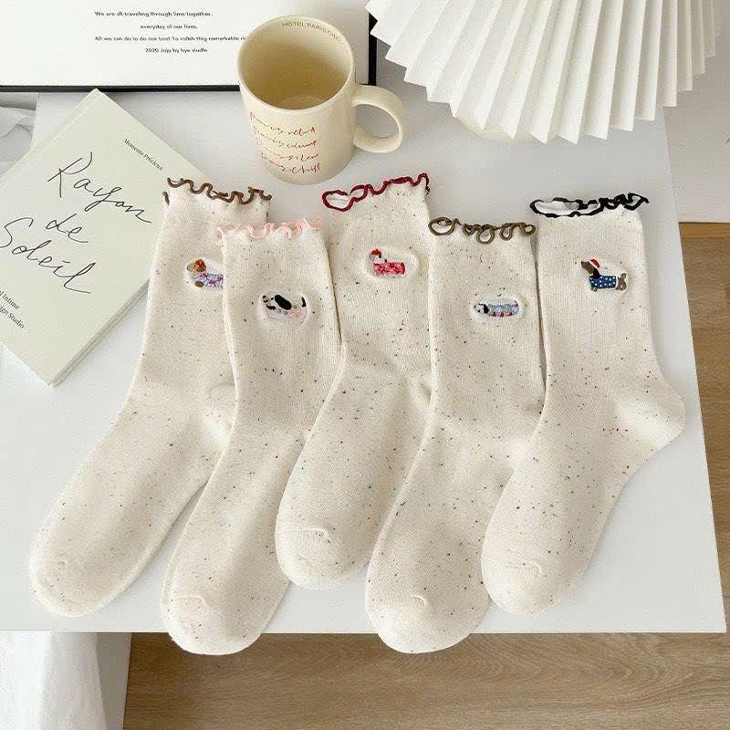 Túi 10 đôi tất chấm bi cổ bèo hình cún con