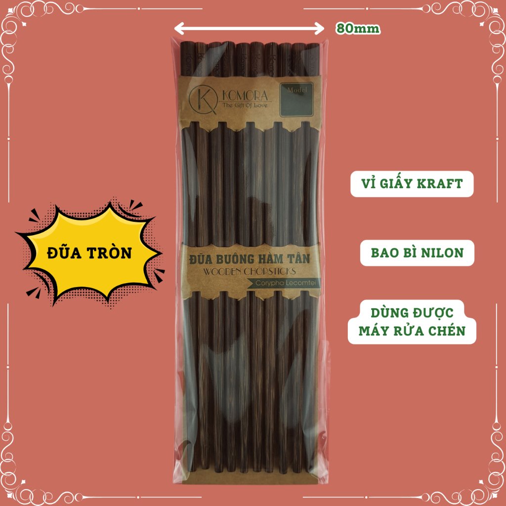 [Vỉ 5 Đôi] Mẫu 255 Dài, Đũa Buông Hàm Tân KOMORA, Miễn Phí Khắc Theo Yêu Cầu, Bền Chắc, Không Ẩm Mốc