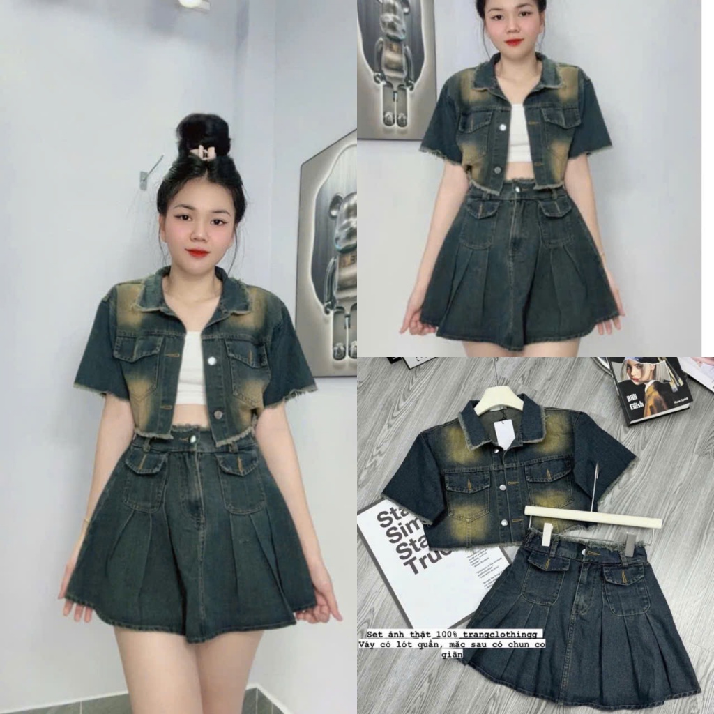 Set váy jeans Quảng Châu viền rách áo cổ sơ mi tay ngắn có túi chân váy ...