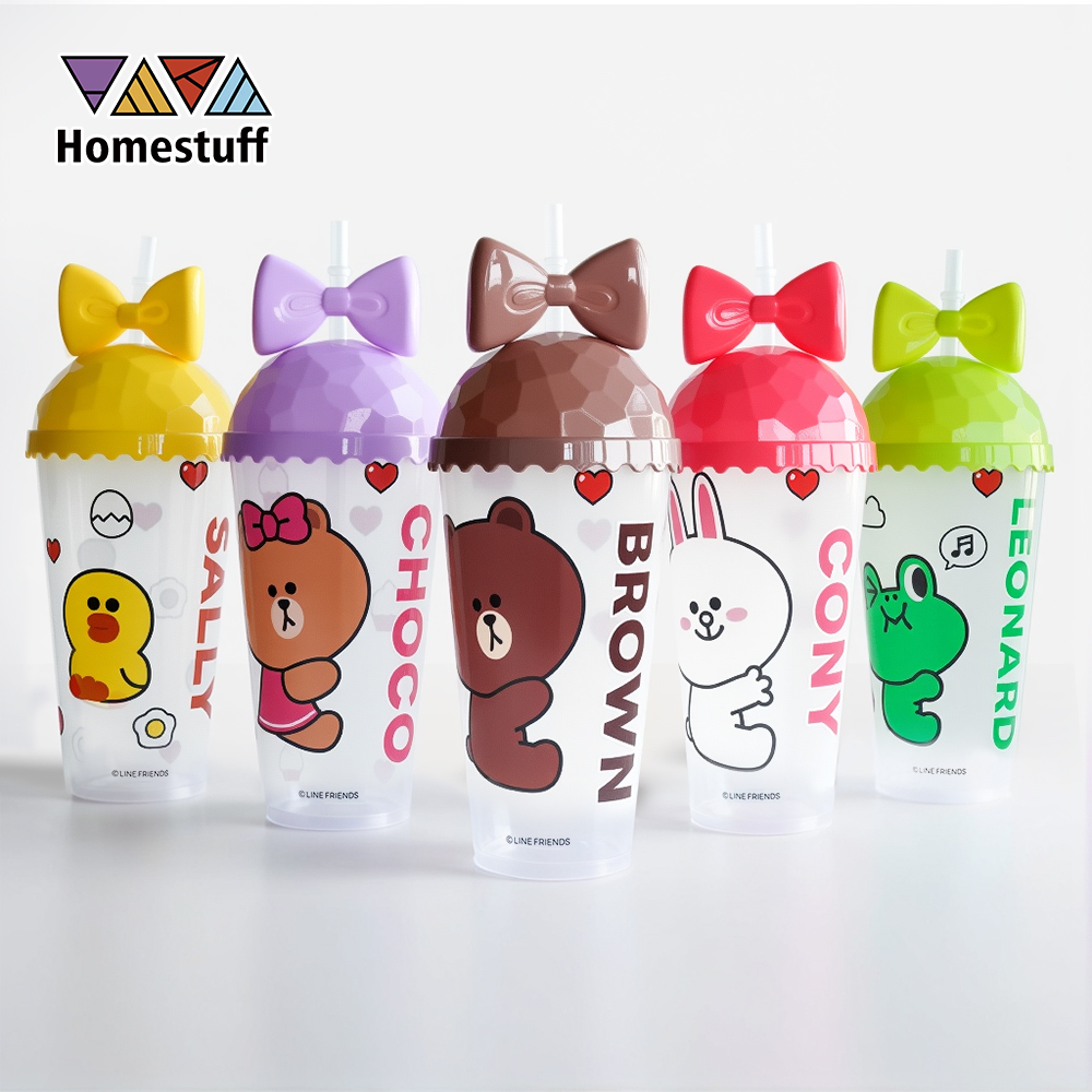 [LINE FRIENDS] Cốc nhựa tái sử dụng có nắp - Cốc có ống hút 500ML đựng đồ uống - Chai nước ép trái cây
