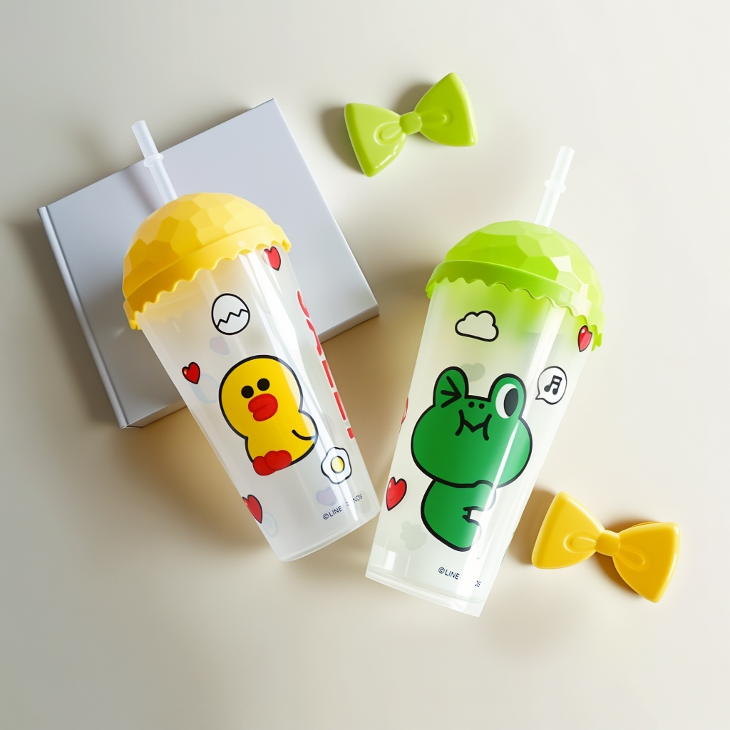 [LINE FRIENDS] Cốc nhựa tái sử dụng có nắp - Cốc có ống hút 500ML đựng đồ uống - Chai nước ép trái cây