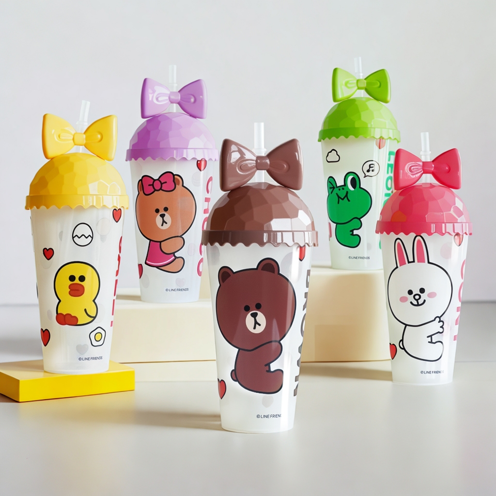 [LINE FRIENDS] Cốc nhựa tái sử dụng có nắp - Cốc có ống hút 500ML đựng đồ uống - Chai nước ép trái cây