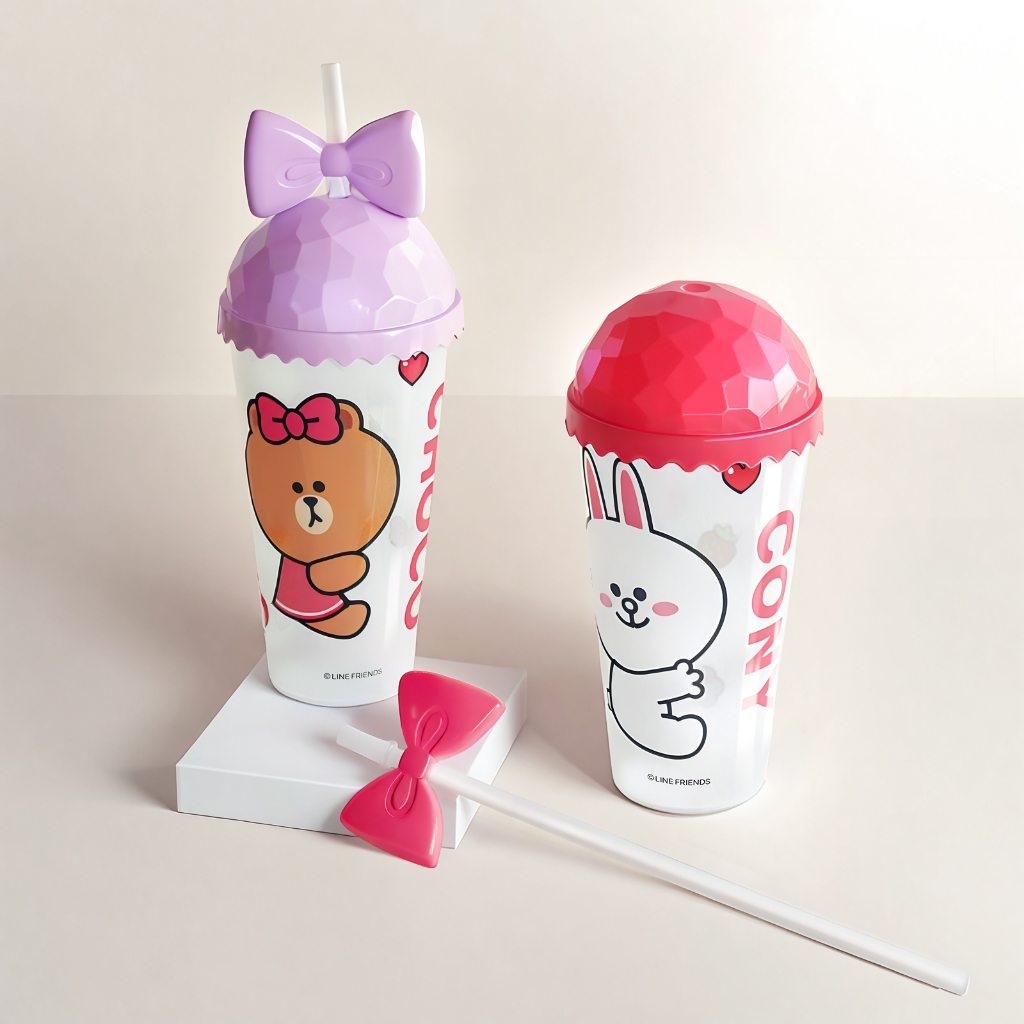 [LINE FRIENDS] Cốc nhựa tái sử dụng có nắp - Cốc có ống hút 500ML đựng đồ uống - Chai nước ép trái cây