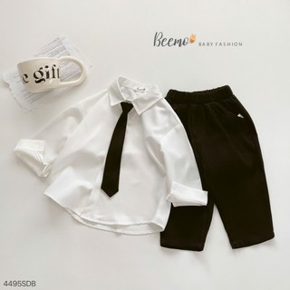 Áo+Quần+CàVạt_Set sơ mi trắng dài tay vải trượt Hàn phối quần baggy lưng thun (Shop yêu thích)
