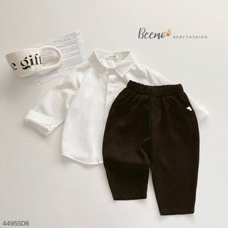 Áo+Quần+CàVạt_Set sơ mi trắng dài tay vải trượt Hàn phối quần baggy lưng thun (Shop yêu thích)
