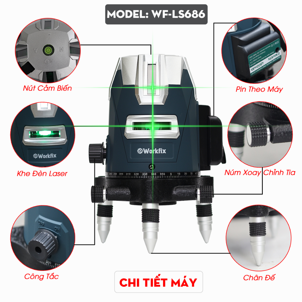 [TẶNG PHỤ KIỆN] Máy Bắn Cốt, Cân Bằng Laser Workfix WF-LS686PRO 5 Tia Xanh, Xoay 360°, Kèm Chân 1m3