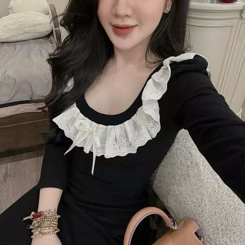Váy nữ sanh chành dáng dài phối cổ trắng sang trọng Jumito, đầm nữ thiểu thư ôm body, chất liệu cao cấp hcom3303