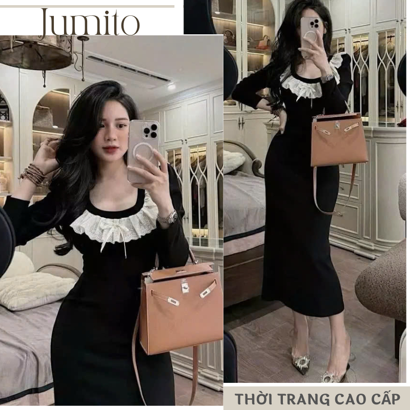 Váy nữ sanh chành dáng dài phối cổ trắng sang trọng Jumito, đầm nữ thiểu thư ôm body, chất liệu cao cấp hcom3303