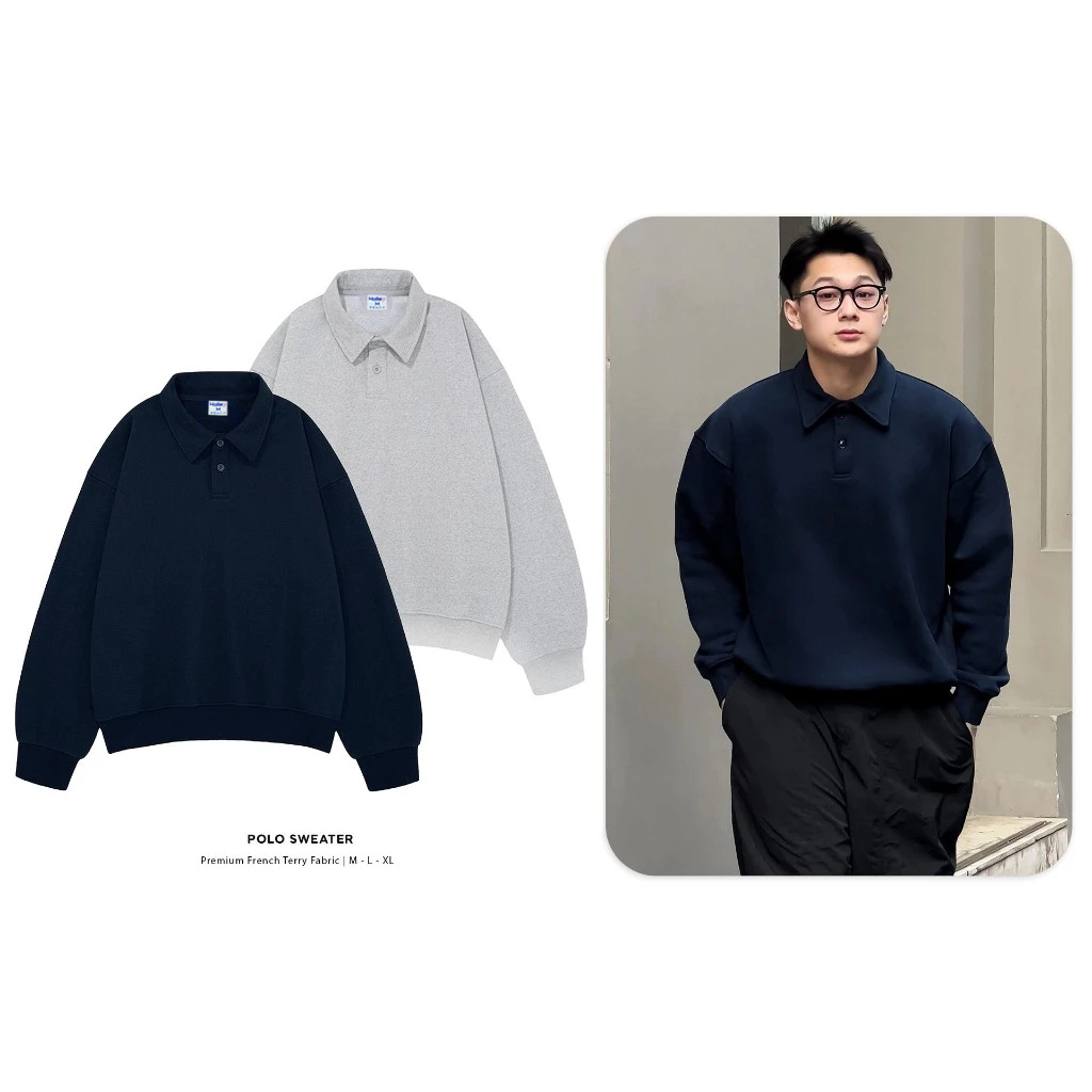Áo Sweater Polo Nam Nỉ 3D Chéo Cao Cấp 60% Cotton 40% Spandex Dài Tay Form Rộng Halley Menswear Có Cổ M30