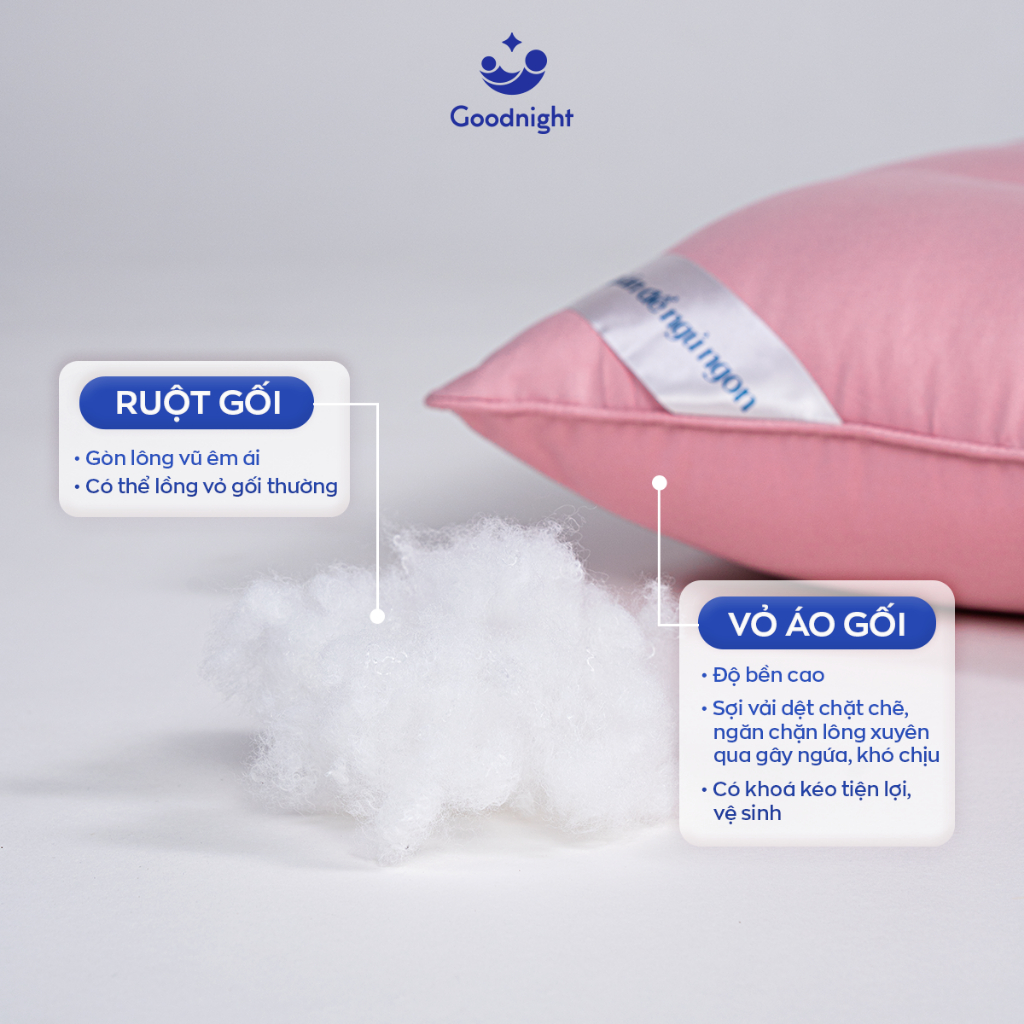 Ảnh Gối Ngủ Vua Nệm Goodnight Mochi 45x65cm, Gối Nằm Chất Liệu Gòn Lông Vũ, Ruột Gối Cao Cấp Thư Giãn Cổ Vai Gáy 2