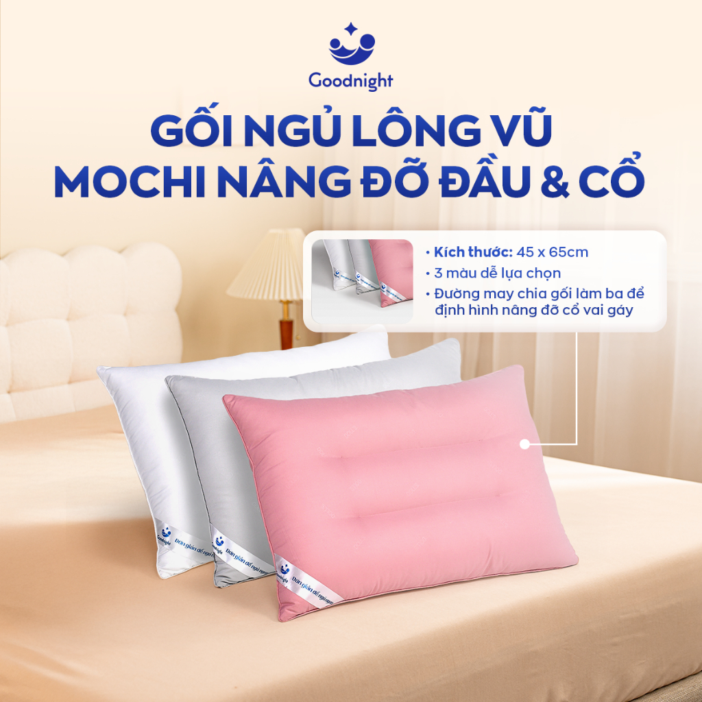 Ảnh Gối Ngủ Vua Nệm Goodnight Mochi 45x65cm, Gối Nằm Chất Liệu Gòn Lông Vũ, Ruột Gối Cao Cấp Thư Giãn Cổ Vai Gáy 1