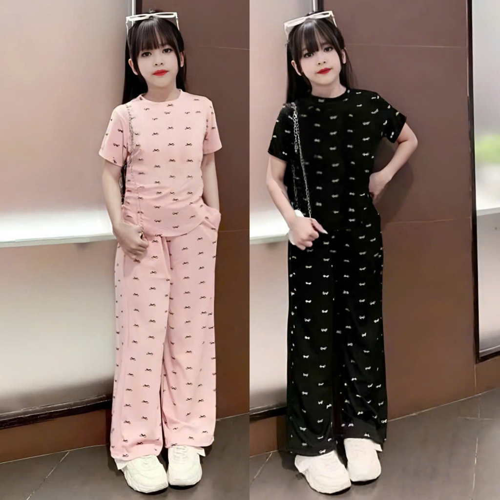 4-14 TUỔI Bộ quần áo cộc tay cho bé gái chất vải tăm lạnh phối quần ống xuông co giãn thoải mái M13