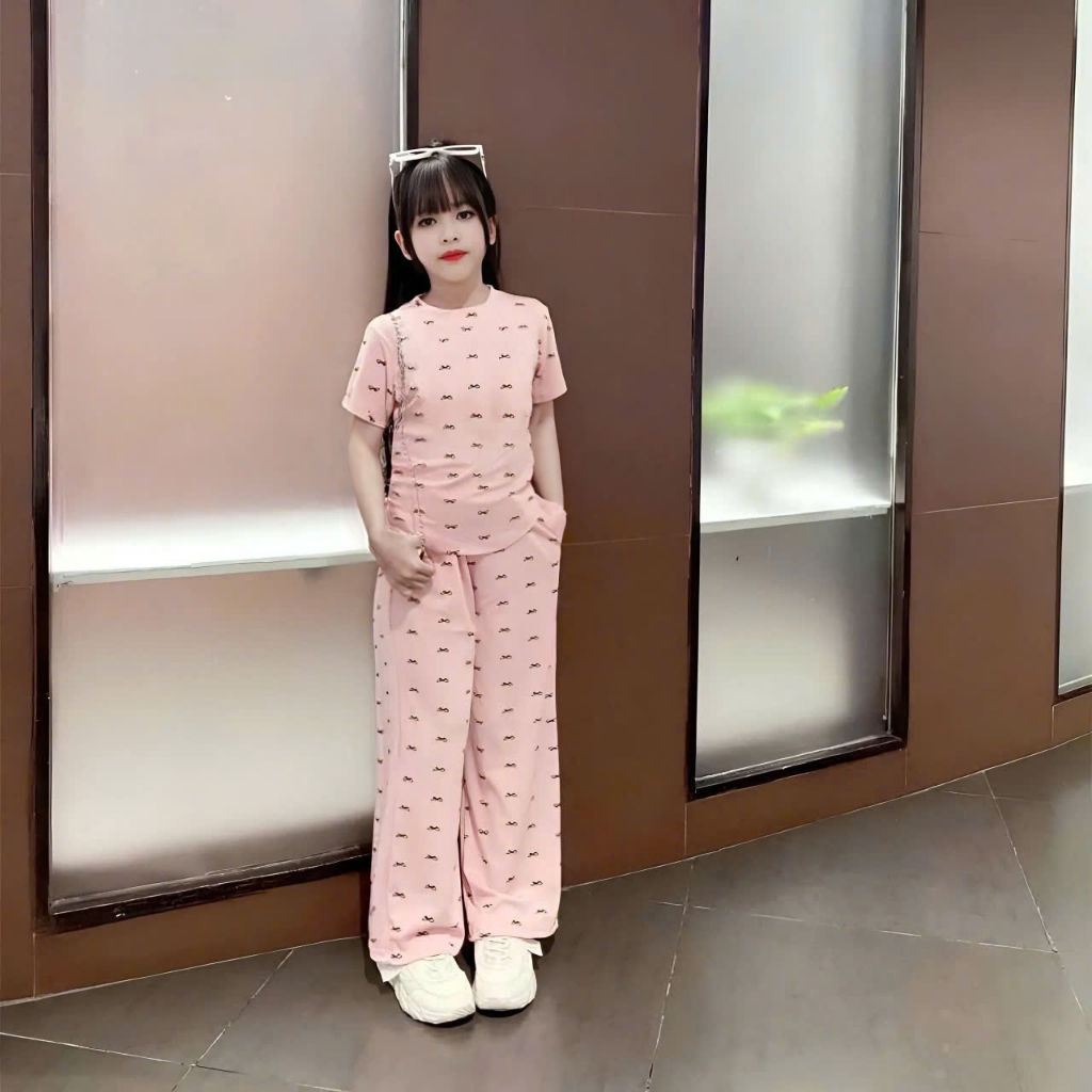 4-14 TUỔI Bộ quần áo cộc tay cho bé gái chất vải tăm lạnh phối quần ống xuông co giãn thoải mái M13
