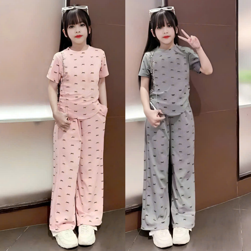 4-14 TUỔI Bộ quần áo cộc tay cho bé gái chất vải tăm lạnh phối quần ống xuông co giãn thoải mái M13