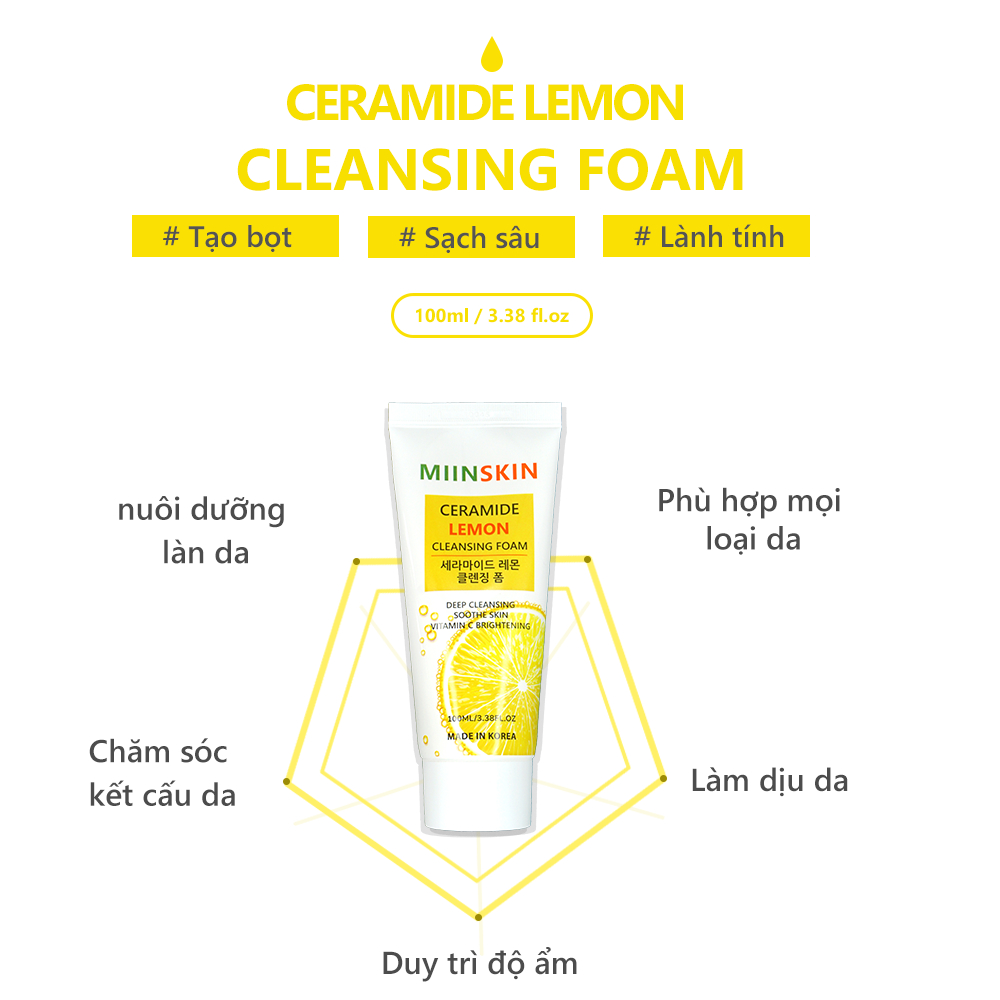Ảnh Sữa rửa mặt sạch sâu lỗ chân lông sáng da Miinskin Ceramide Lemon Cleansing Foam 100ml 2