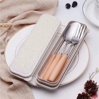 Bộ muỗng đũa thìa inox cán gỗ kèm hộp đựng màu pastel xinh xắn